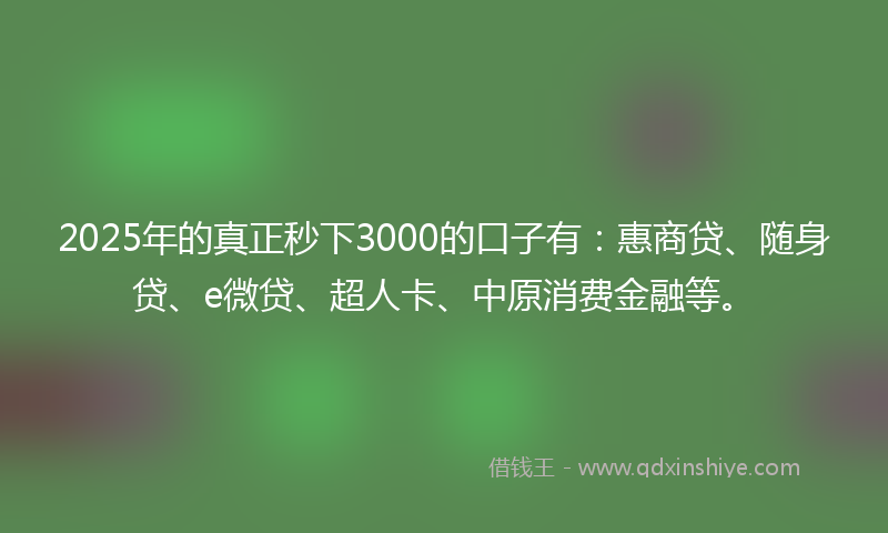 2025年的真正秒下3000的口子有:惠商贷、随身贷、e微贷、超人卡、中原消费金融等。