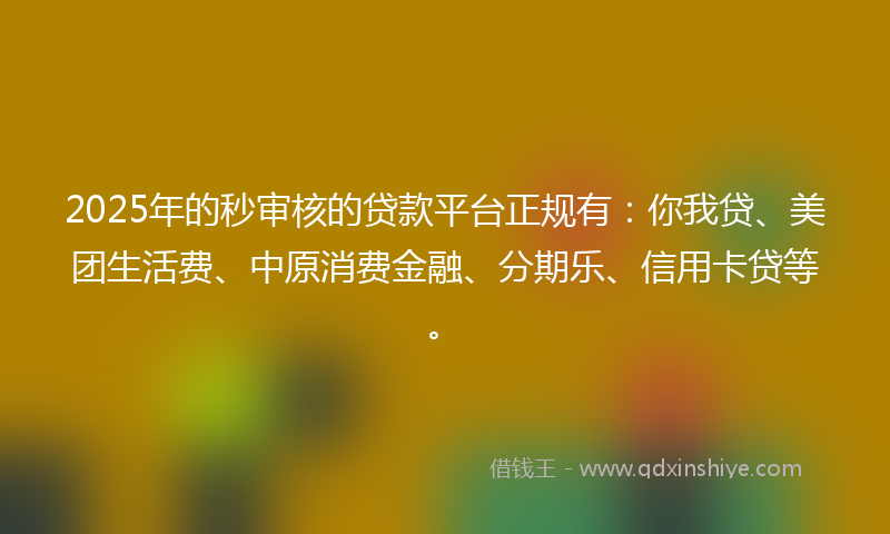 2025年的秒审核的贷款平台正规有：你我贷、美团生活费、中原消费金融、分期乐、信用卡贷等。