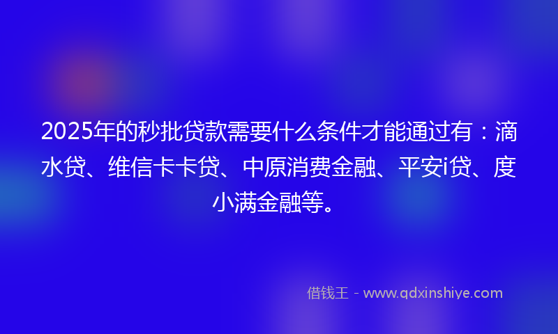 2025年的秒批贷款需要什么条件才能通过有：滴水贷、维信卡卡贷、中原消费金融、平安i贷、度小满金融等。