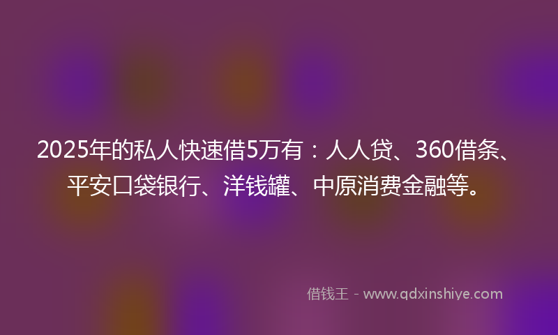 2025年的私人快速借5万有：人人贷、360借条、平安口袋银行、洋钱罐、中原消费金融等。