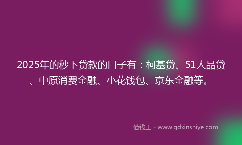 2025年的秒下贷款的口子有：柯基贷、51人品贷、中原消费金融、小花钱包、京东金融等。