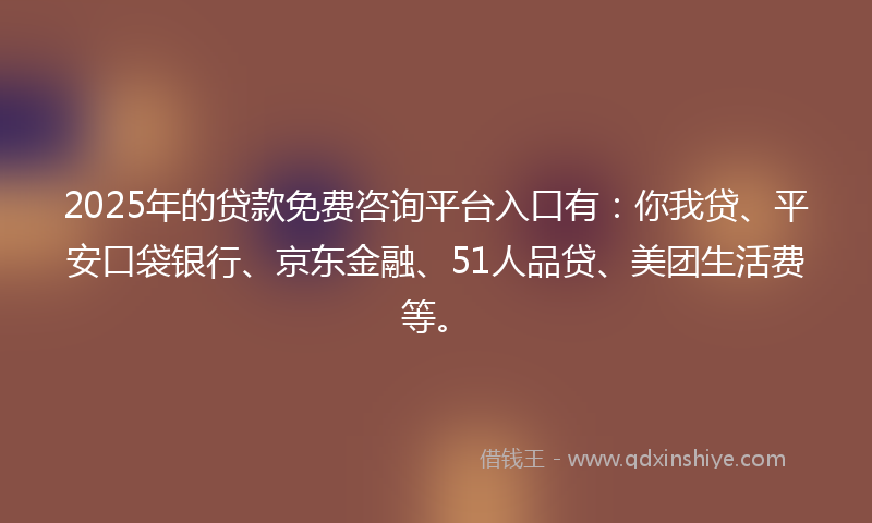 2025年的贷款免费咨询平台入口有：你我贷、平安口袋银行、京东金融、51人品贷、美团生活费等。