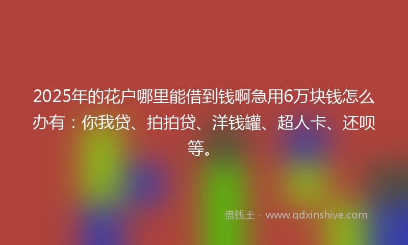 2025年的花户哪里能借到钱啊急用6万块钱怎么办有：你我贷、拍拍贷、洋钱罐、超人卡、还呗等。