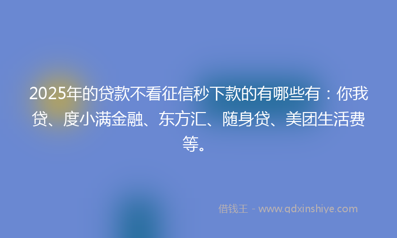 2025年的贷款不看征信秒下款的有哪些有：你我贷、度小满金融、东方汇、随身贷、美团生活费等。