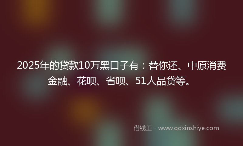 2025年的贷款10万黑口子有：替你还、中原消费金融、花呗、省呗、51人品贷等。