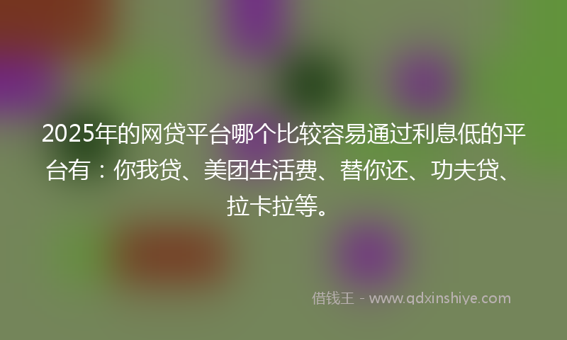 2025年的网贷平台哪个比较容易通过利息低的平台有：你我贷、美团生活费、替你还、功夫贷、拉卡拉等。