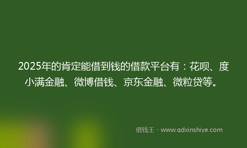 2025年的肯定能借到钱的借款平台有：花呗、度小满金融、微博借钱、京东金融、微粒贷等。