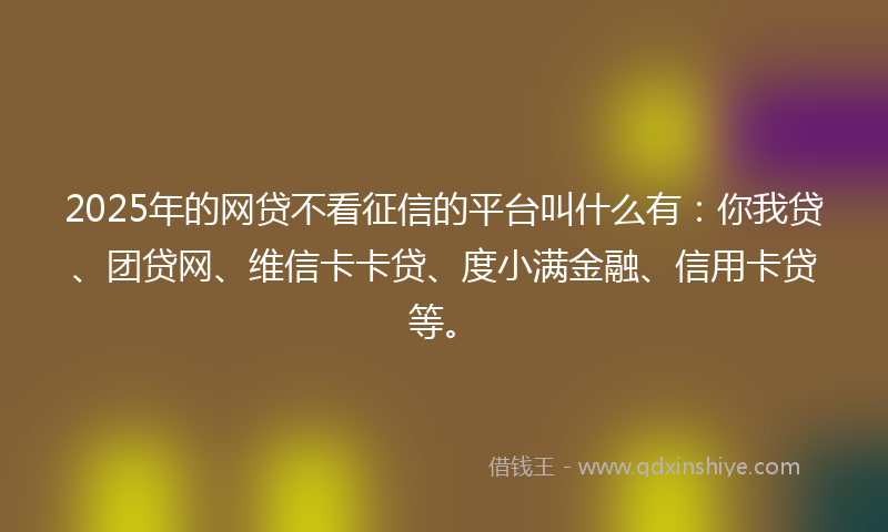 2025年的网贷不看征信的平台叫什么有：你我贷、团贷网、维信卡卡贷、度小满金融、信用卡贷等。