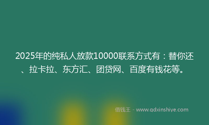 2025年的纯私人放款10000联系方式有：替你还、拉卡拉、东方汇、团贷网、百度有钱花等。