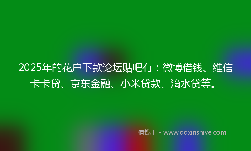 2025年的花户下款论坛贴吧有：微博借钱、维信卡卡贷、京东金融、小米贷款、滴水贷等。