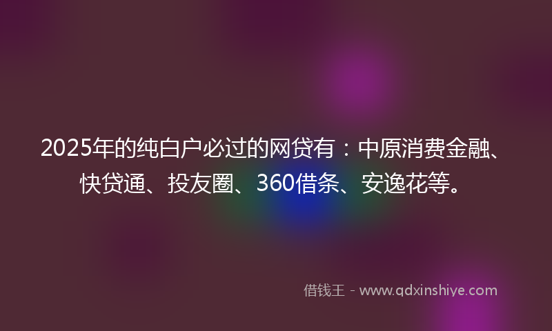 2025年的纯白户必过的网贷有：中原消费金融、快贷通、投友圈、360借条、安逸花等。