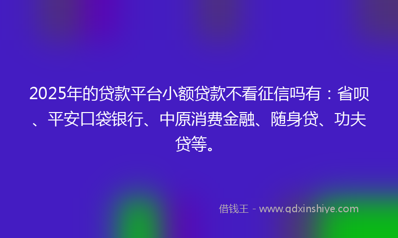2025年的贷款平台小额贷款不看征信吗有：省呗、平安口袋银行、中原消费金融、随身贷、功夫贷等。