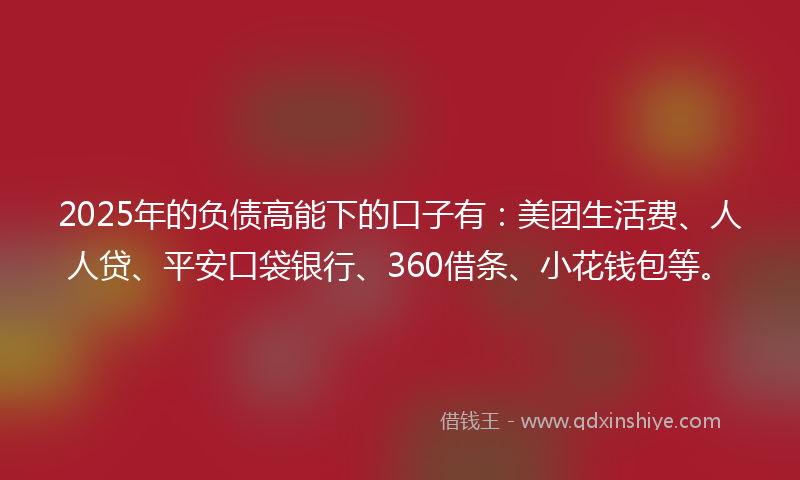 2025年的负债高能下的口子有：美团生活费、人人贷、平安口袋银行、360借条、小花钱包等。