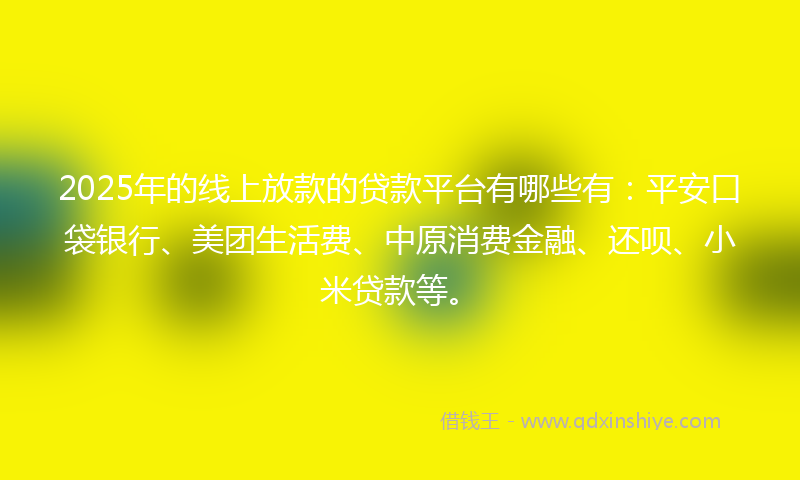 2025年的线上放款的贷款平台有哪些有：平安口袋银行、美团生活费、中原消费金融、还呗、小米贷款等。