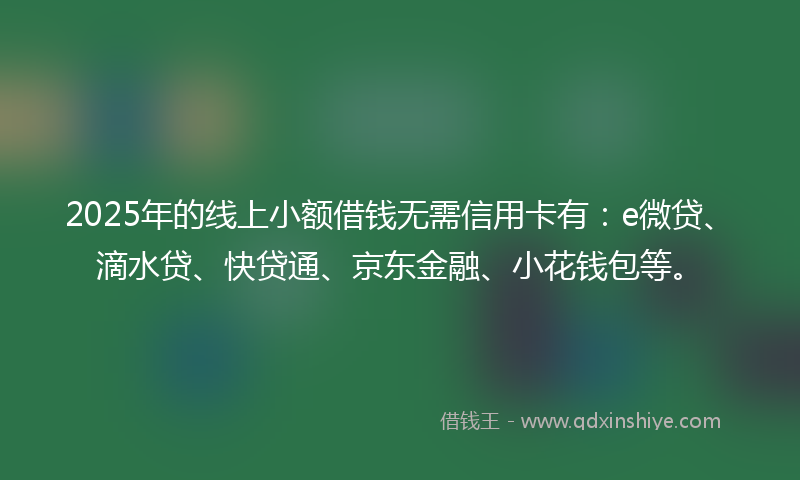 2025年的线上小额借钱无需信用卡有：e微贷、滴水贷、快贷通、京东金融、小花钱包等。