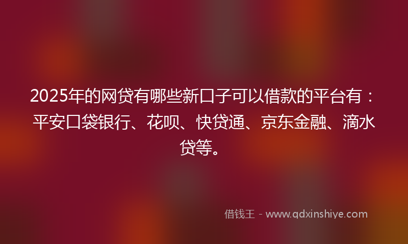 2025年的网贷有哪些新口子可以借款的平台有：平安口袋银行、花呗、快贷通、京东金融、滴水贷等。
