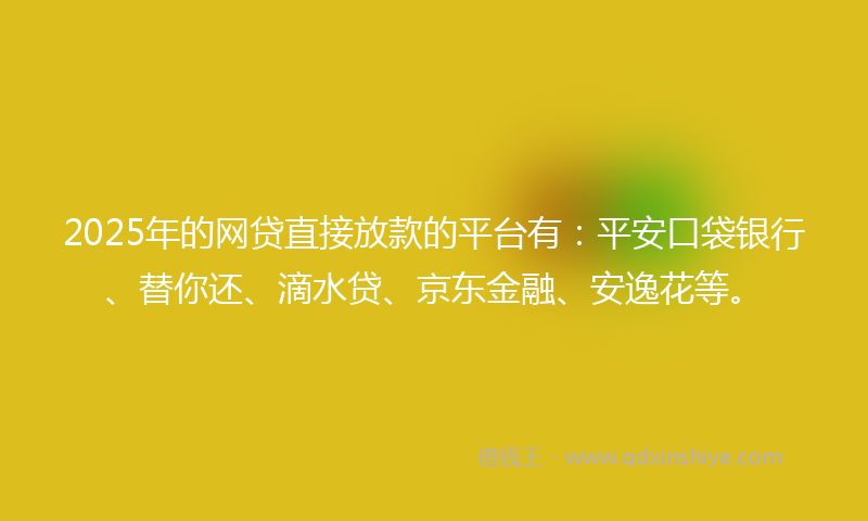 2025年的网贷直接放款的平台有：平安口袋银行、替你还、滴水贷、京东金融、安逸花等。