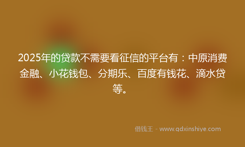 2025年的贷款不需要看征信的平台有：中原消费金融、小花钱包、分期乐、百度有钱花、滴水贷等。