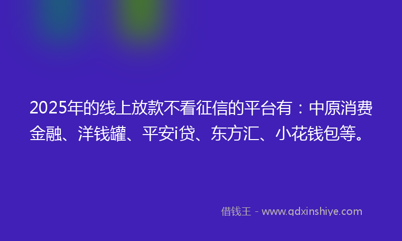 2025年的线上放款不看征信的平台有：中原消费金融、洋钱罐、平安i贷、东方汇、小花钱包等。
