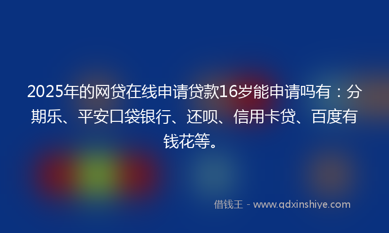 2025年的网贷在线申请贷款16岁能申请吗有：分期乐、平安口袋银行、还呗、信用卡贷、百度有钱花等。