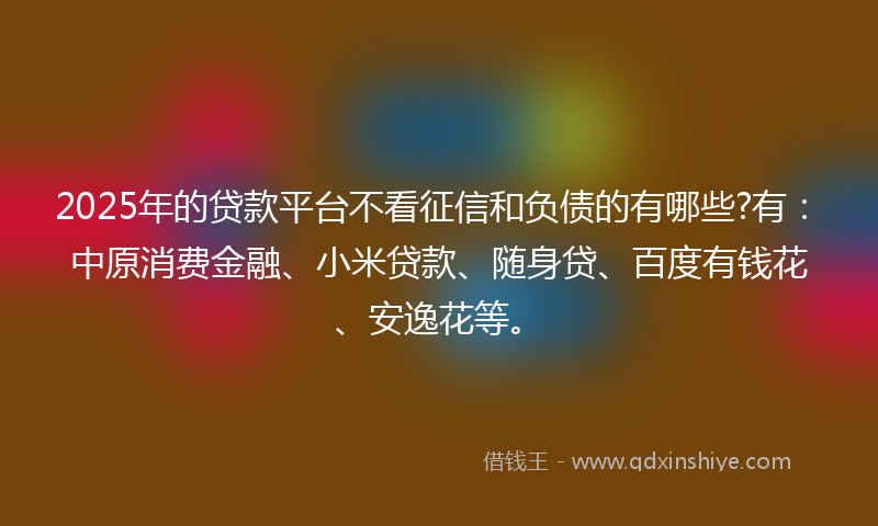 2025年的贷款平台不看征信和负债的有哪些?有：中原消费金融、小米贷款、随身贷、百度有钱花、安逸花等。