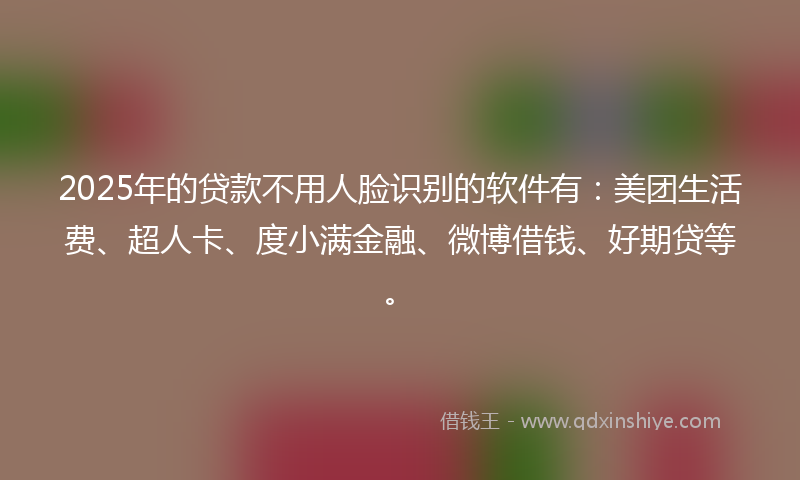 2025年的贷款不用人脸识别的软件有：美团生活费、超人卡、度小满金融、微博借钱、好期贷等。