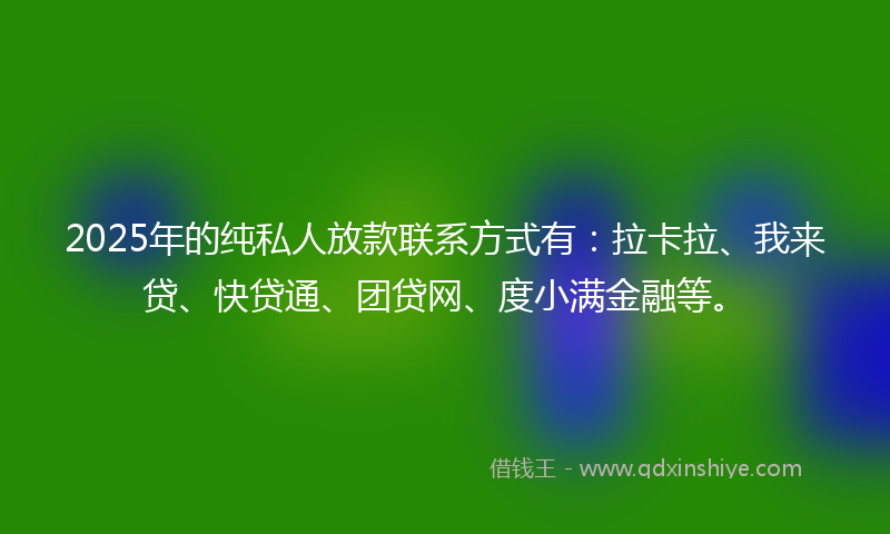 2025年的纯私人放款联系方式有：拉卡拉、我来贷、快贷通、团贷网、度小满金融等。