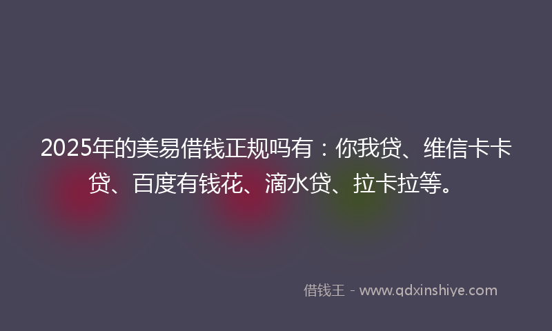 2025年的美易借钱正规吗有：你我贷、维信卡卡贷、百度有钱花、滴水贷、拉卡拉等。