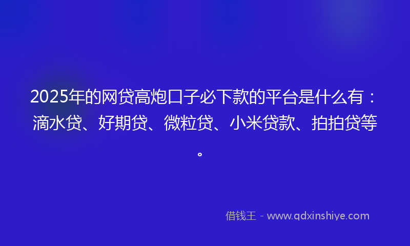 2025年的网贷高炮口子必下款的平台是什么有：滴水贷、好期贷、微粒贷、小米贷款、拍拍贷等。