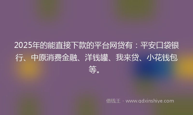 2025年的能直接下款的平台网贷有：平安口袋银行、中原消费金融、洋钱罐、我来贷、小花钱包等。