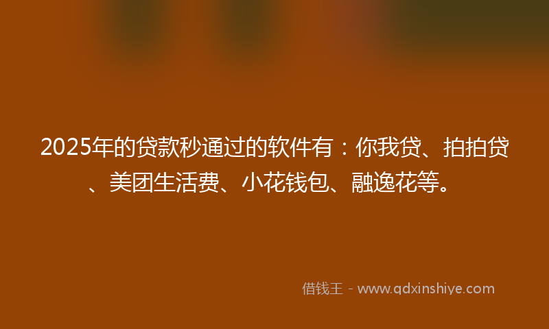 2025年的贷款秒通过的软件有：你我贷、拍拍贷、美团生活费、小花钱包、融逸花等。