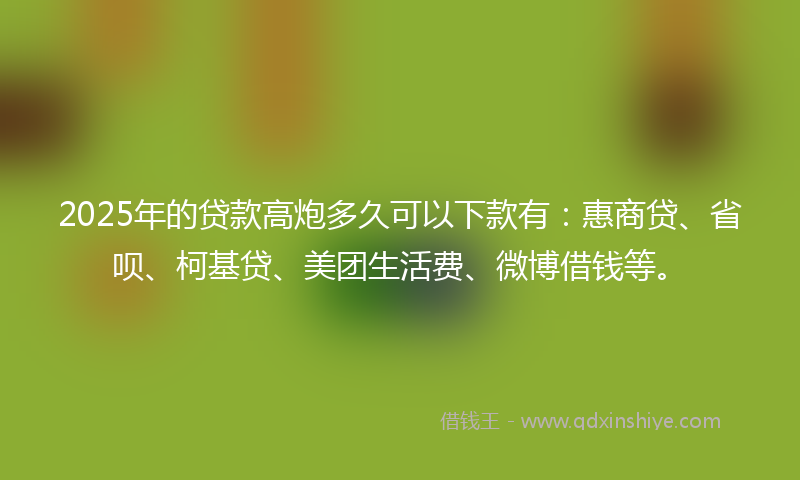 2025年的贷款高炮多久可以下款有：惠商贷、省呗、柯基贷、美团生活费、微博借钱等。