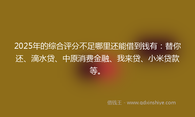 2025年的综合评分不足哪里还能借到钱有：替你还、滴水贷、中原消费金融、我来贷、小米贷款等。