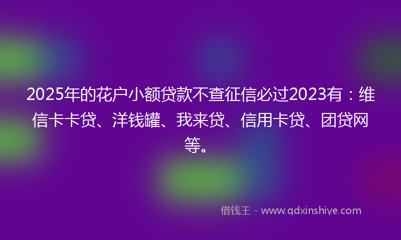 2025年的花户小额贷款不查征信必过2023有：维信卡卡贷、洋钱罐、我来贷、信用卡贷、团贷网等。
