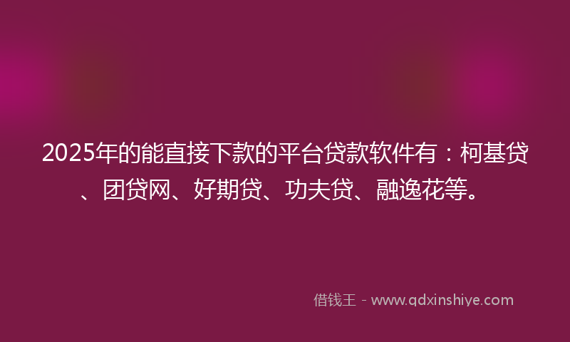 2025年的能直接下款的平台贷款软件有：柯基贷、团贷网、好期贷、功夫贷、融逸花等。