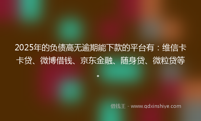 2025年的负债高无逾期能下款的平台有：维信卡卡贷、微博借钱、京东金融、随身贷、微粒贷等。