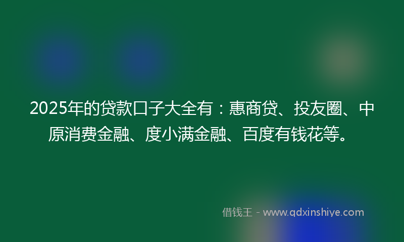 2025年的贷款口子大全有：惠商贷、投友圈、中原消费金融、度小满金融、百度有钱花等。