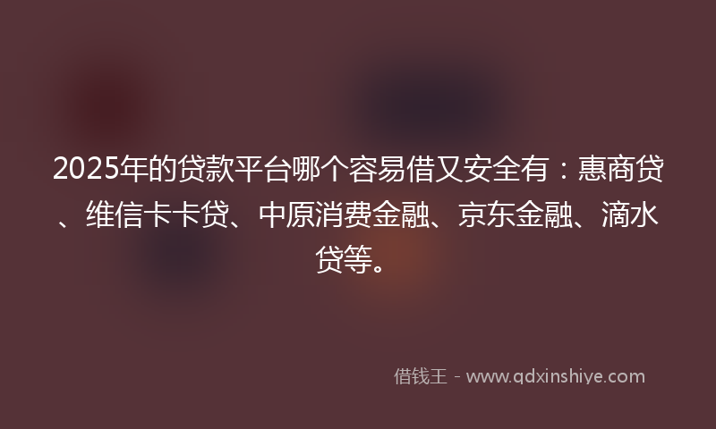 2025年的贷款平台哪个容易借又安全有：惠商贷、维信卡卡贷、中原消费金融、京东金融、滴水贷等。