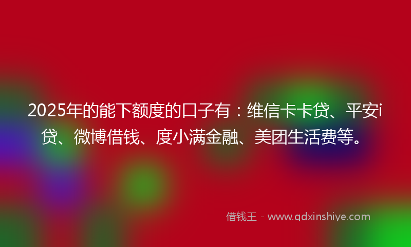 2025年的能下额度的口子有：维信卡卡贷、平安i贷、微博借钱、度小满金融、美团生活费等。