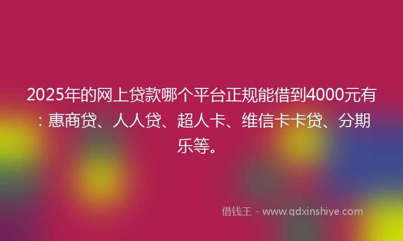 2025年的网上贷款哪个平台正规能借到4000元有：惠商贷、人人贷、超人卡、维信卡卡贷、分期乐等。