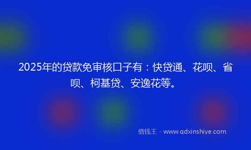 2025年的贷款免审核口子有：快贷通、花呗、省呗、柯基贷、安逸花等。