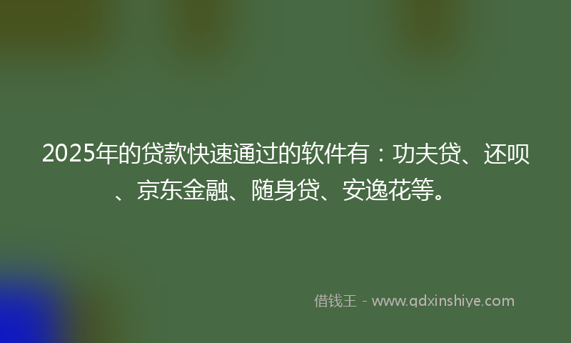 2025年的贷款快速通过的软件有：功夫贷、还呗、京东金融、随身贷、安逸花等。