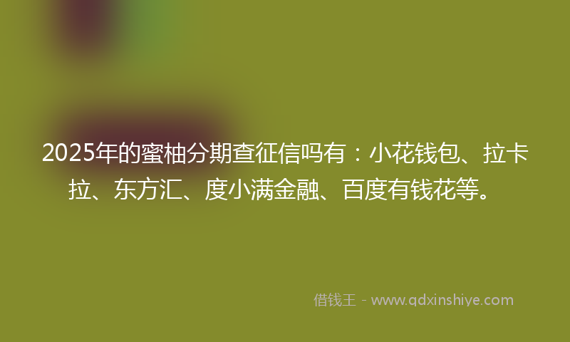 2025年的蜜柚分期查征信吗有：小花钱包、拉卡拉、东方汇、度小满金融、百度有钱花等。
