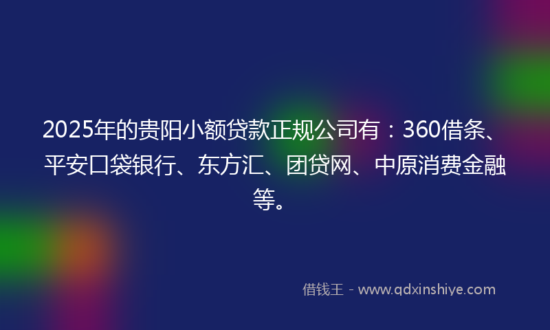 2025年的贵阳小额贷款正规公司有：360借条、平安口袋银行、东方汇、团贷网、中原消费金融等。