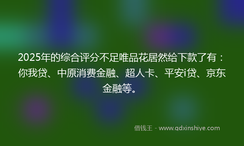 2025年的综合评分不足唯品花居然给下款了有：你我贷、中原消费金融、超人卡、平安i贷、京东金融等。