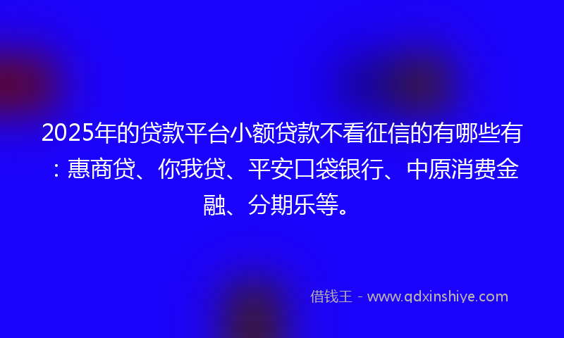 2025年的贷款平台小额贷款不看征信的有哪些有：惠商贷、你我贷、平安口袋银行、中原消费金融、分期乐等。