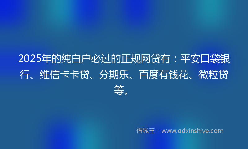 2025年的纯白户必过的正规网贷有：平安口袋银行、维信卡卡贷、分期乐、百度有钱花、微粒贷等。