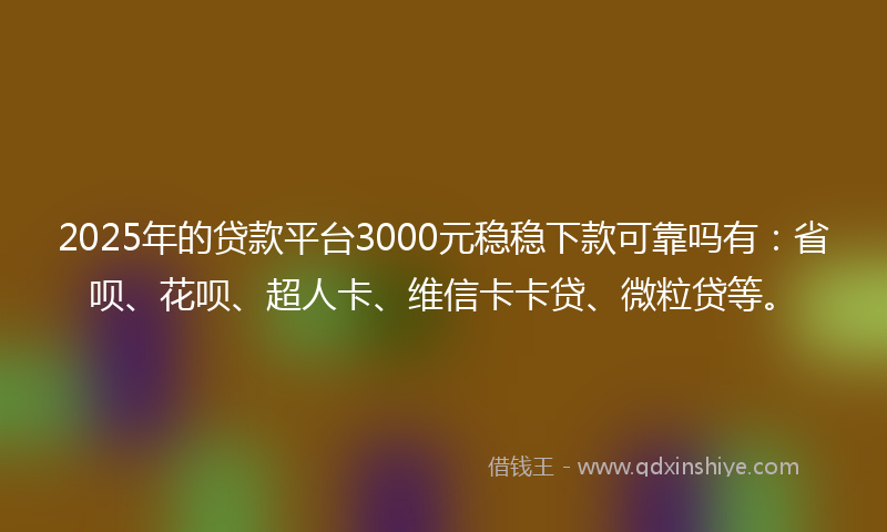 2025年的贷款平台3000元稳稳下款可靠吗有：省呗、花呗、超人卡、维信卡卡贷、微粒贷等。