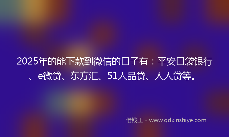2025年的能下款到微信的口子有：平安口袋银行、e微贷、东方汇、51人品贷、人人贷等。