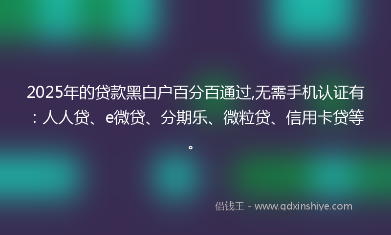 2025年的贷款黑白户百分百通过,无需手机认证有：人人贷、e微贷、分期乐、微粒贷、信用卡贷等。